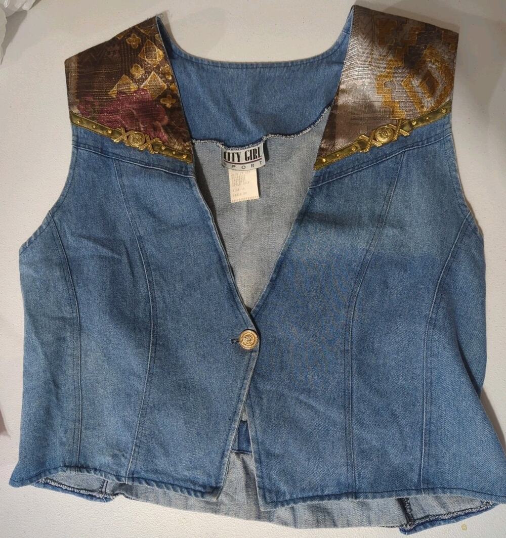 Vtg City Girl Denim Western Boho Vest Tapestry Yoke Gold Embellishments Size 16